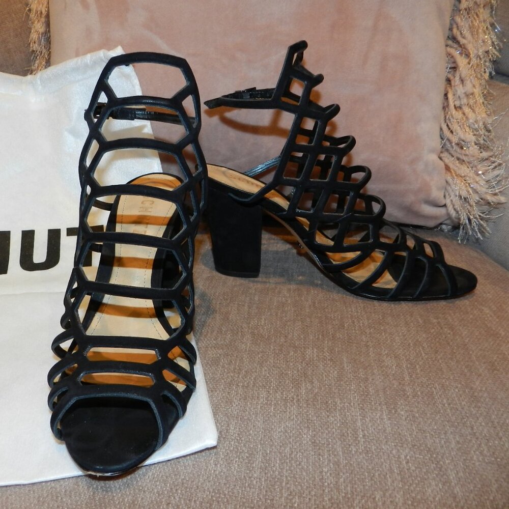 Schutz Oberlyn Black Nubuck Leather Suede Cage Open Toe Block Heels Sandals